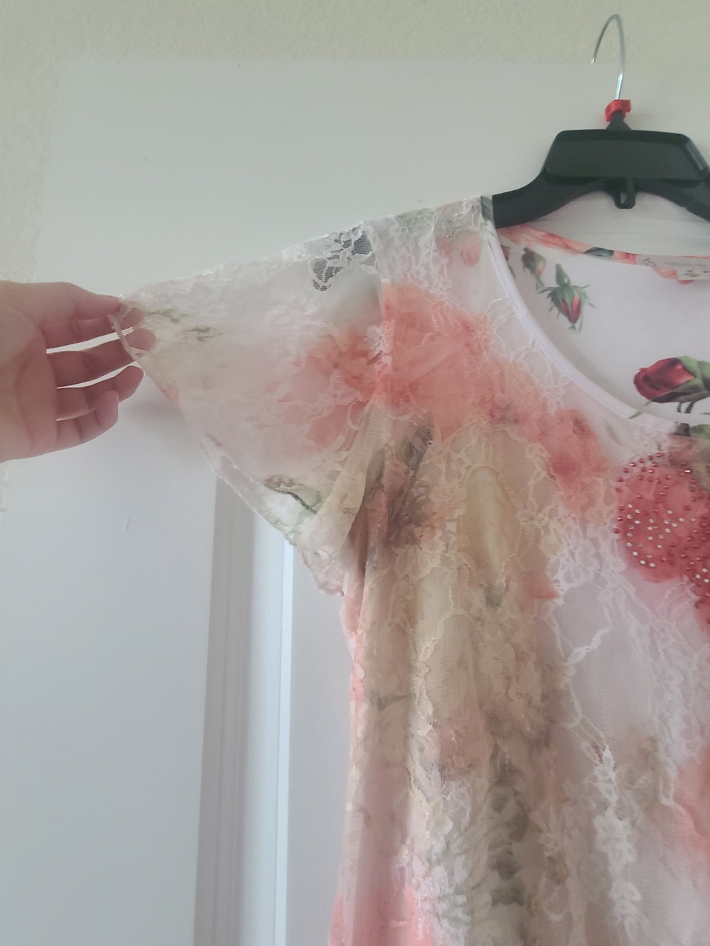 Peach Floral Lace Short Sleeve Blouse with Embellished Front - Picture 6 of 6